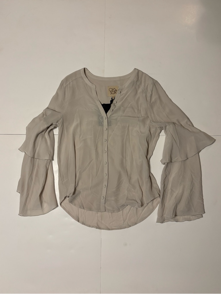 Chaser Taupe Ruffle Bell-Sleeve Button Front Blouse